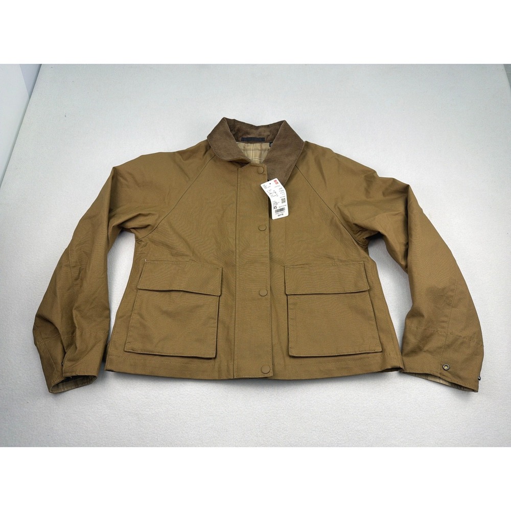 Uniqlo Women Barn Short Jacket Khaki Tan Plaid Lining Corduroy Collar XS 483807